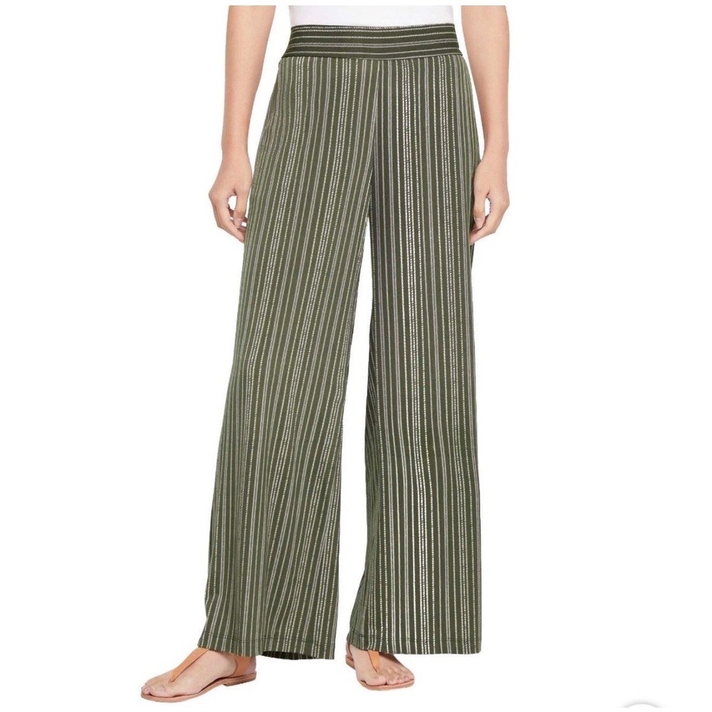 Three Dots Womens Wide Leg Pants Green White Chevron Stripe •S• Boho Coastal